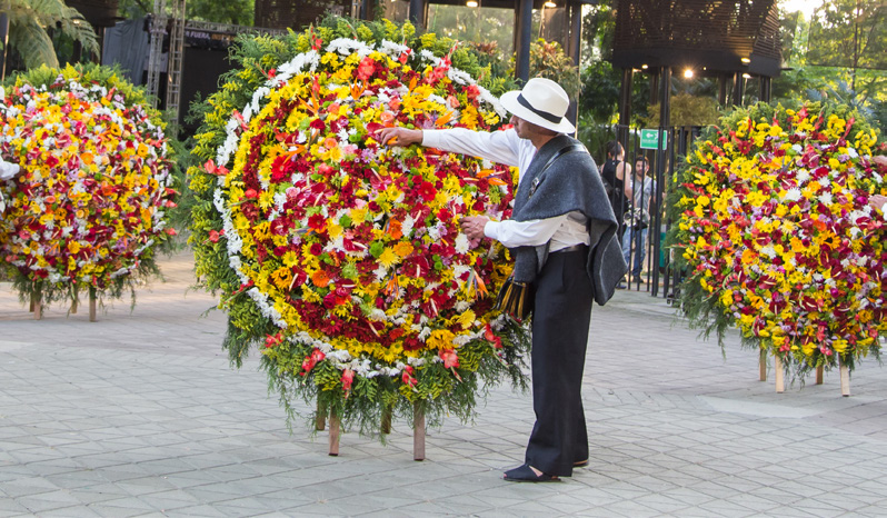 Silletero dando toques finales a su arreglo floral en el Orquideorama de Medellín