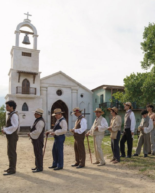 Actors of One Hundred Years of Solitude with costumes from Colombian clothing brand