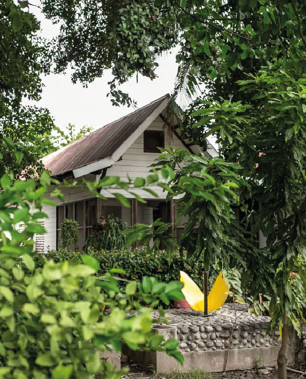 White wooden house with a gable roof, surrounded by abundant vegetation and trees. 