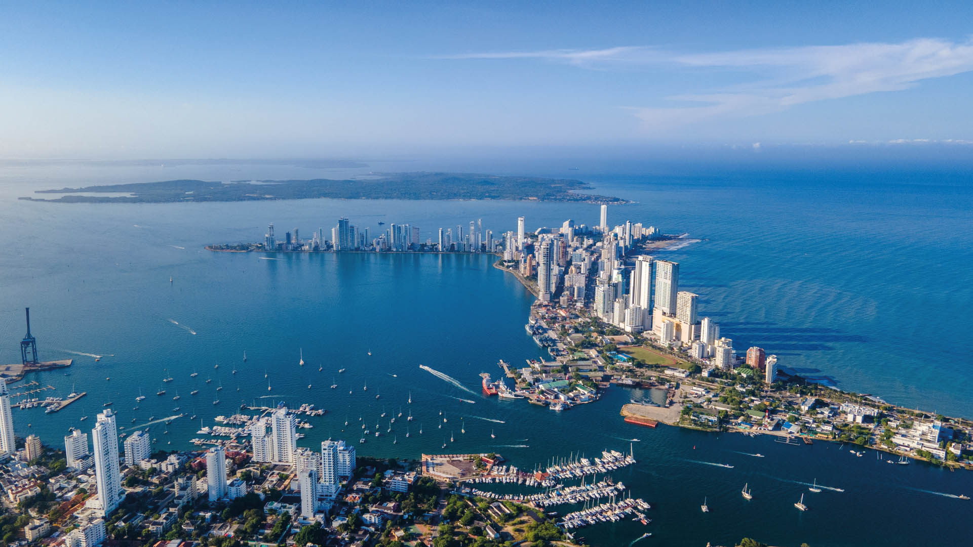 Aerial view of Cartagena Bay, Colombia.