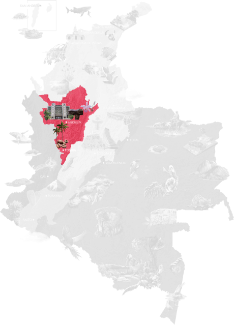 Map of Colombia with the department of Antioquia highlighted in red, showing icons of Medellín, urban infrastructure, nature, coffee, and cultural expressions like carnival masks.