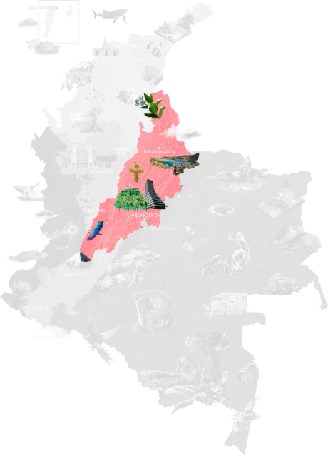 Map of Colombia with the central region highlighted in pink, featuring Bogotá, Bucaramanga, and the coffee zone, with representations of urban architecture, natural landscapes, and agricultural production.