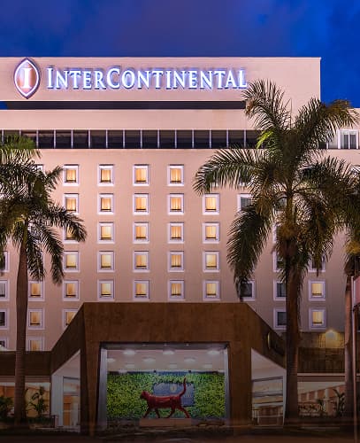 Main entrance of the Intercontinental hotel with palm trees illuminated at night.