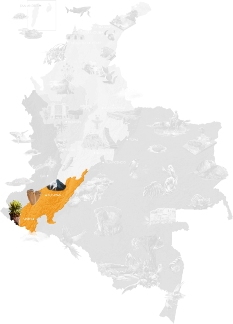 Map of Colombia with the department of Nariño highlighted in orange, showing the city of Pasto, the Galeras volcano, Andean vegetation, and cultural elements like handicrafts and traditional costumes.
