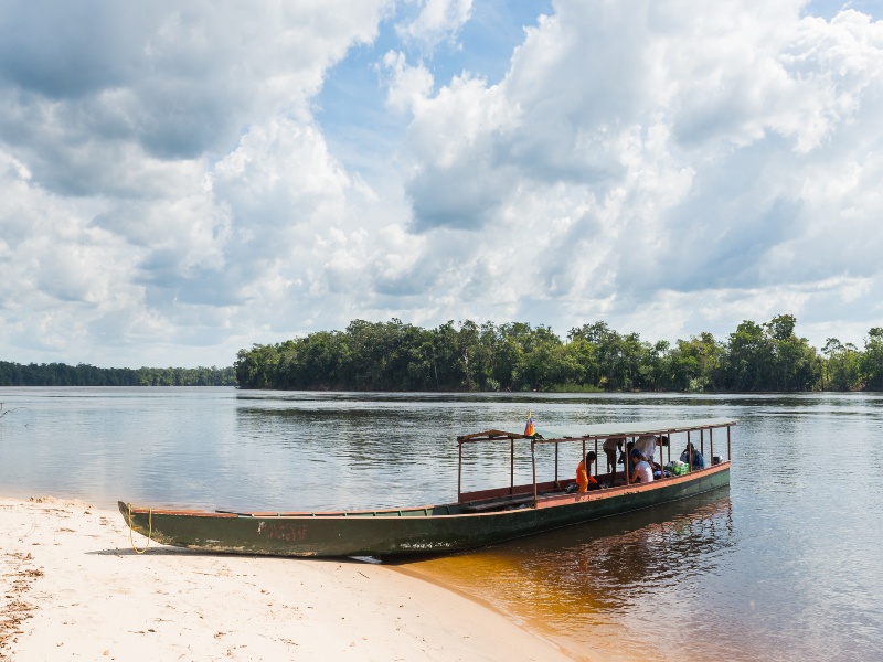 Large boat on the banks of the Orinoco River.