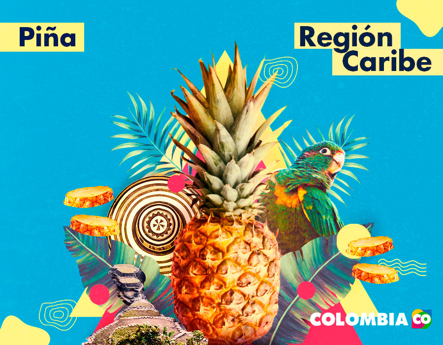 Collage of elements from the Caribbean Region, including tropical fruits such as pineapple.