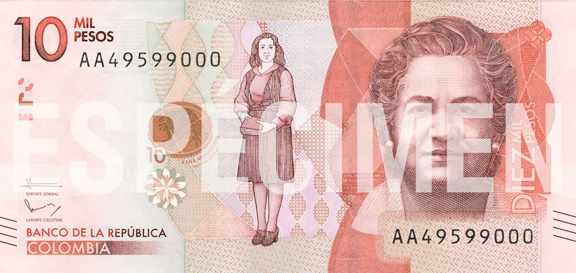 10000 Colombian peso banknote with the image of Virginia Gutiérrez de Pineda issued by Banco de la República 2016