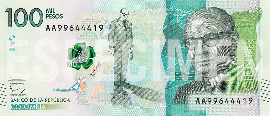 100000 Colombian peso banknote with the image of Carlos Lleras Restrepo issued by Banco de la República 2016