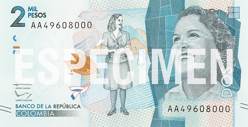 2000 Colombian peso banknote with the image of Débora Arango issued by Banco de la República 2016