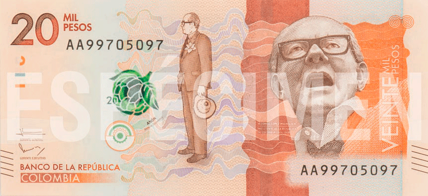 20000 Colombian peso banknote with the image of Alfonso López Michelsen issued by Banco de la República 2016