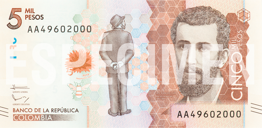 5000 Colombian peso banknote with the image of José Asunción Silva issued by Banco de la República 2016