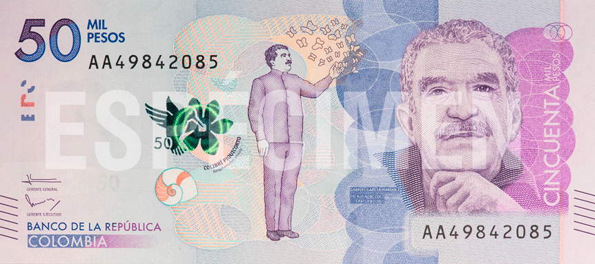 50000 Colombian peso banknote with the image of Jorge Isaacs and Valle del Cauca landscape issued by Banco de la República 2016