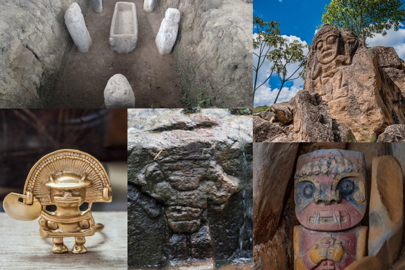 Top right: tombs in Alto de Las Chinas, statue of La Chaquira, gold artifact in the ethnographic museum of El Tablón, stone carving at Alto de las Patas, and painted statue in La Pelota and El Purutal.