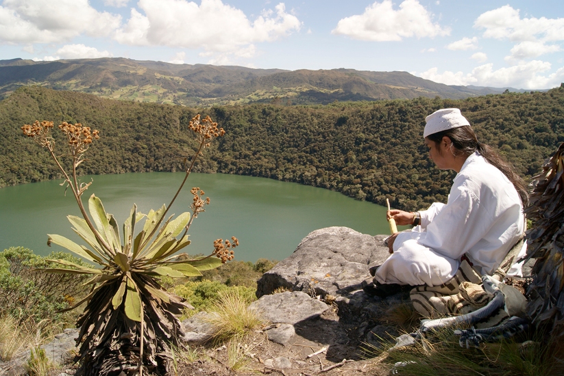 Indigenous Muisca in the Guatavita Lagoon, Colombia.