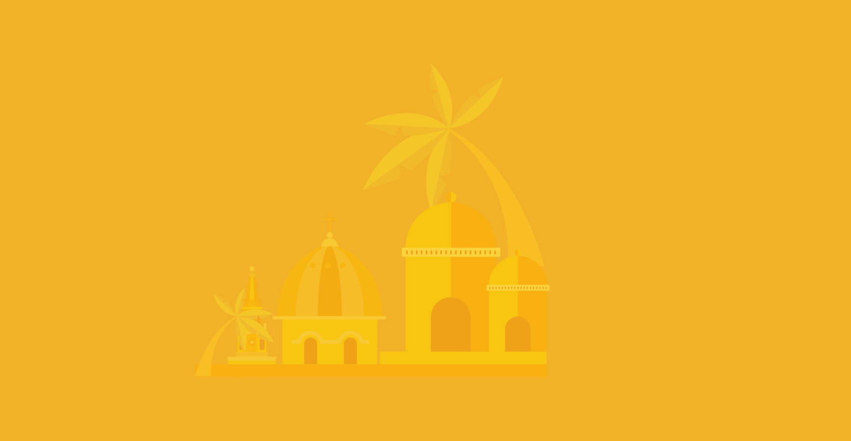 Yellow background with icons representing Colombia, including palm trees and architecture