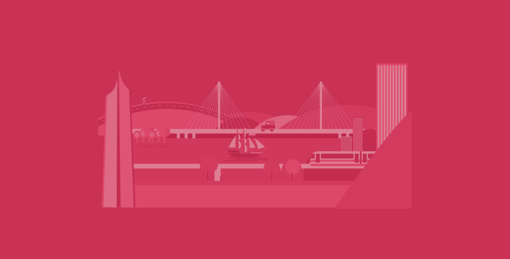 Red background with transportation icons