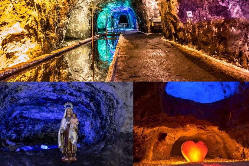 Espejo de agua, la Capilla de la Virgen del Carmen y el corazón de la mina, la Mina de Sal de Nemocón, Colombia.