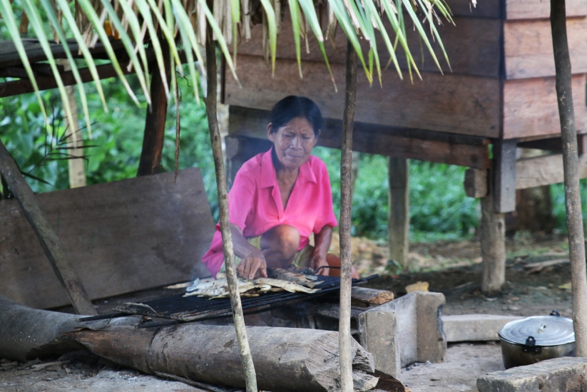 Yagua woman grilling fish in the Tiitanho Nijaamu reserve (La Libertad).